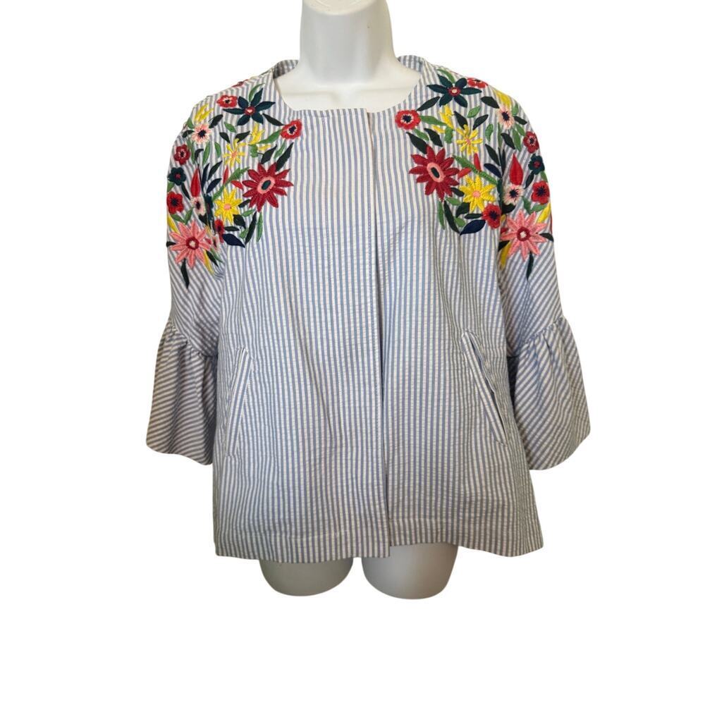 Zara Basic Hidden Front Zipper Blouse/Jacket Floral Embroidery  L